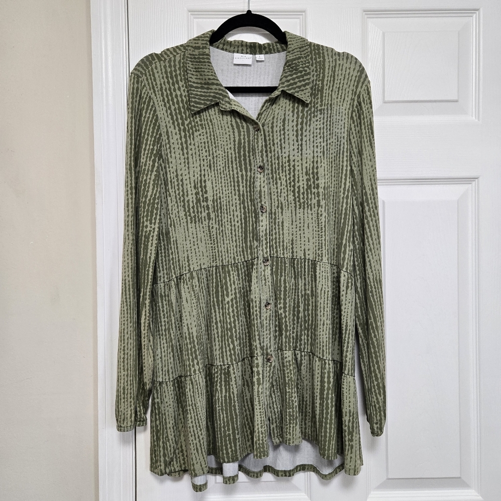New Directions Womens Olive Green Button Front Ruffle Blouse Size Large